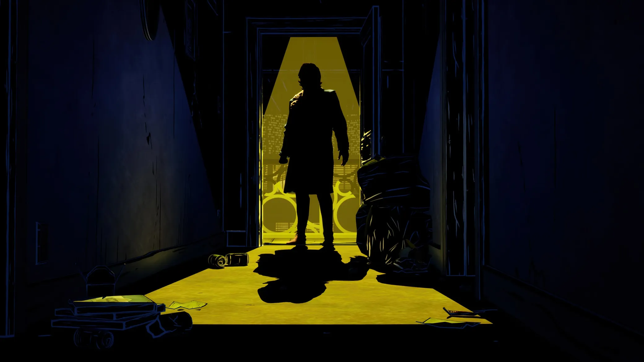 Key art from The Wolf Among Us 2: Bigby Wolf’s silhouette in a doorway, lit yellow from behind, at the end of a dark hallway