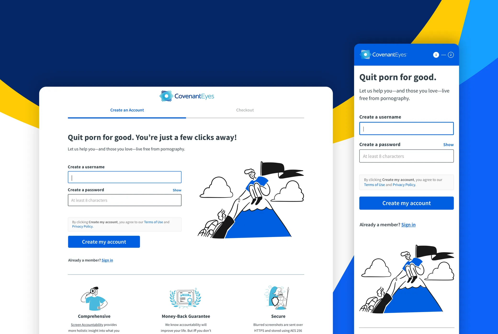 The redesigned sign-up on desktop and mobile, with an illustration of a climber planting a flag on a mountaintop