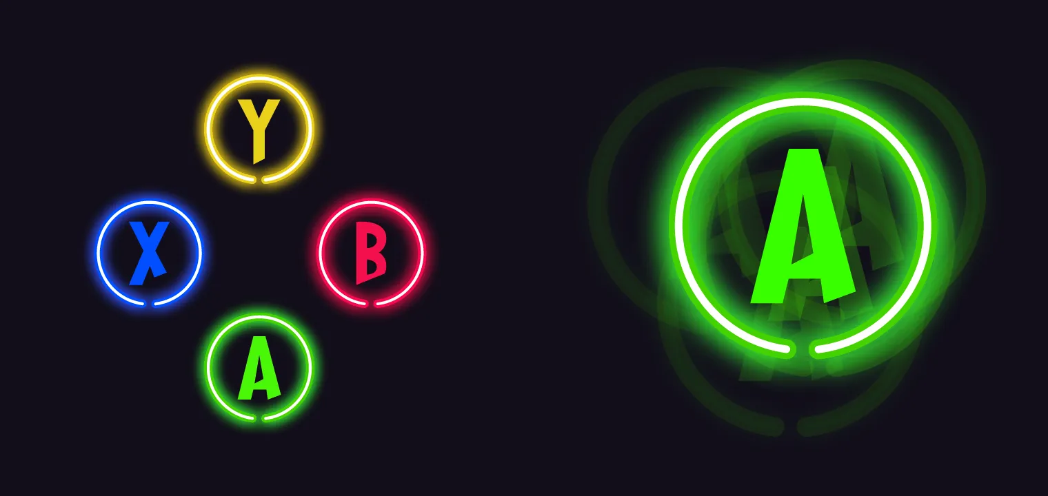 Neon action buttons on a dark background: Y, X, B, and A in yellow, blue, red, and green, arranged like the controller, and a large green A with faint jittering copies around it