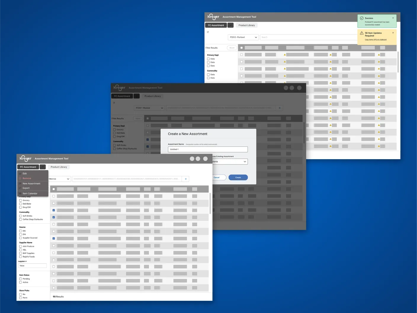 Three wireframes: a fulfillment-center assortment grid with filters, the Create a New Assortment dialog, and a success message for a new Portland assortment