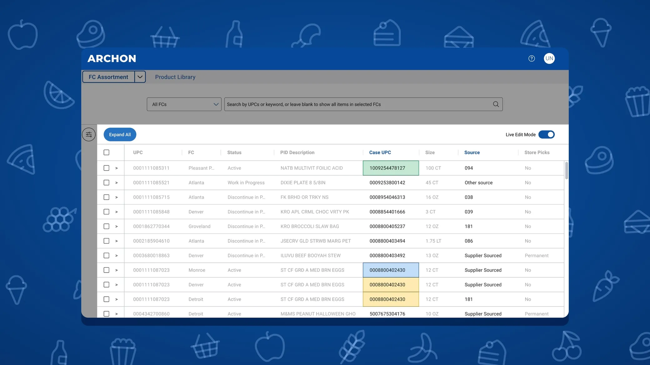 Archon’s fulfillment-center assortment grid in Live Edit Mode: one saved edit in green and a selection of cells in blue and yellow, on a pattern of grocery icons