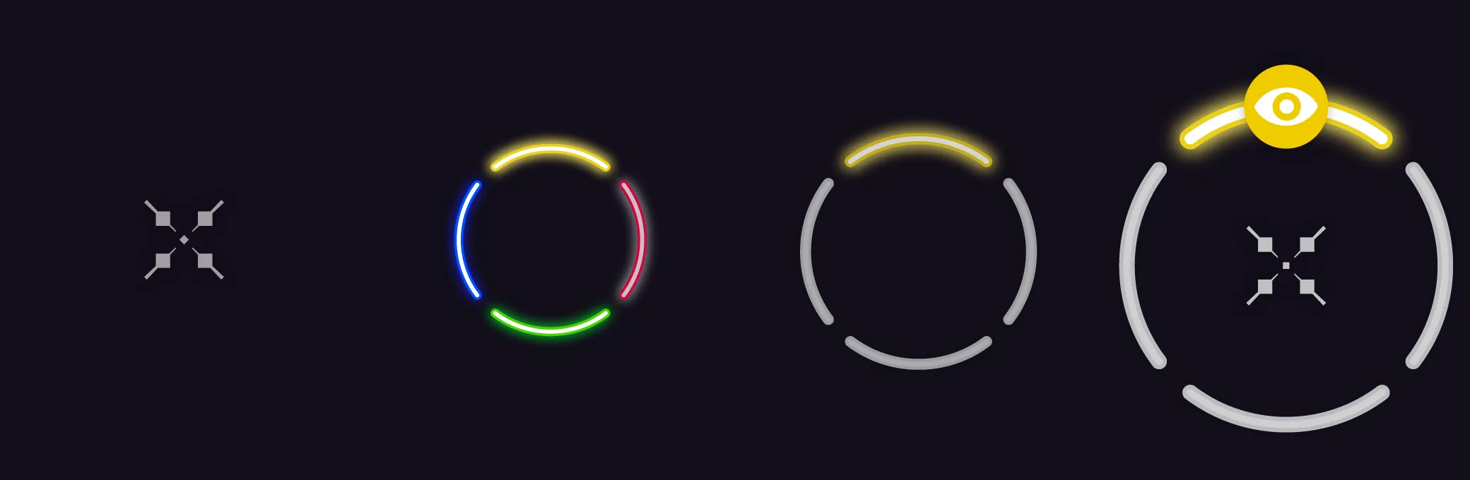 Four reticle parts on a dark background: the small four-point reticle; a ring with yellow, red, green, and blue segments; a grey ring with only the yellow segment lit; and a larger ring, targeted, with a yellow eye icon on its top segment and the reticle in the center