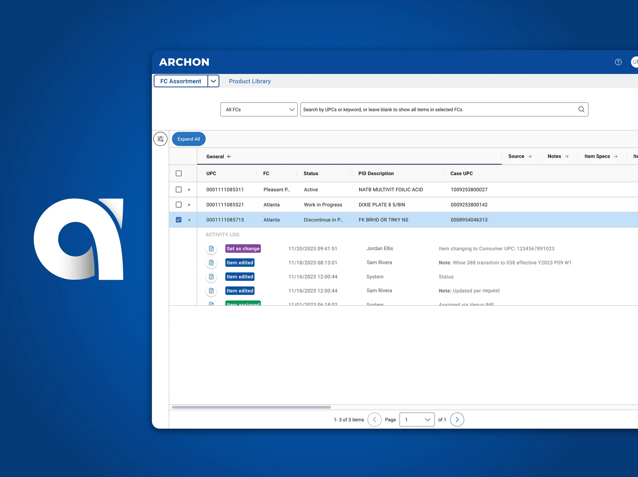 Archon’s fulfillment-center assortment grid, with one item expanded to show its activity log