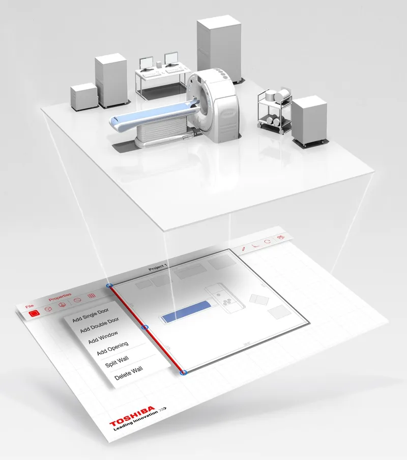 An exploded view of EnVision 360: a 2D room plan on a grid, with wall tools open, lifted into a 3D render of a CT scanner room